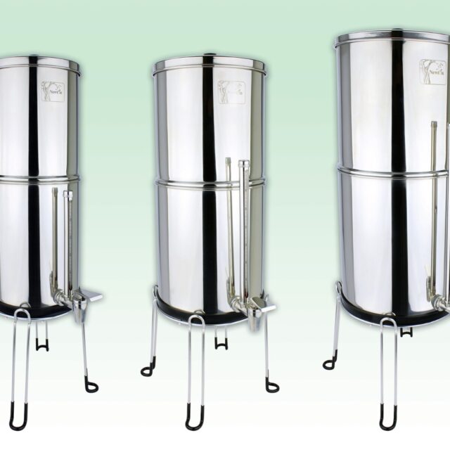 Three Premium Newton Gravity Fluoride Water Filter Systems on stands