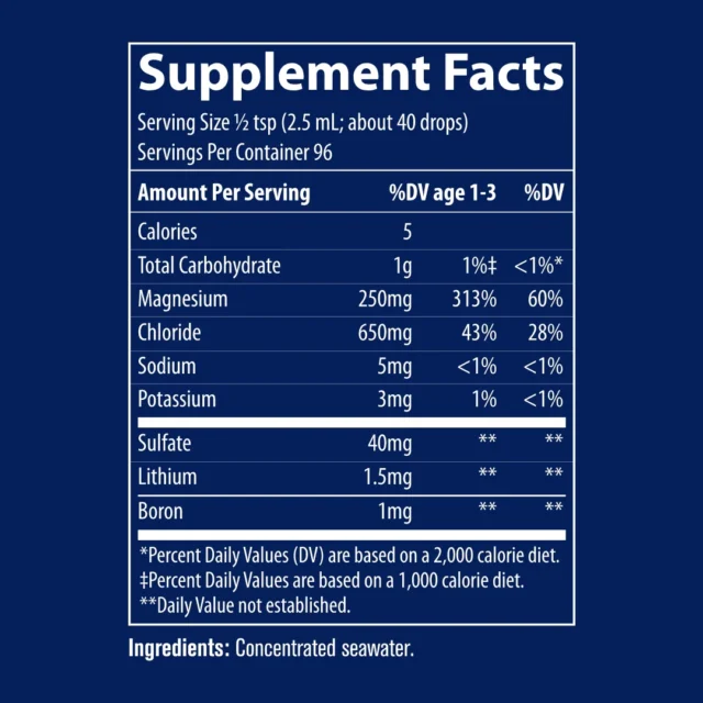 Supplement facts for PurOstill Trace Mineral Drops in a 237ml bottle.