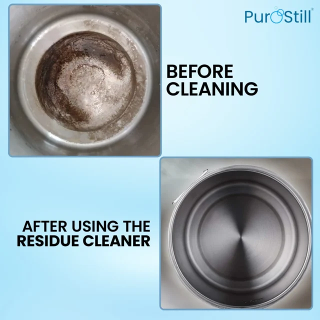 Comparison of water distiller interior before and after using residue cleaner.