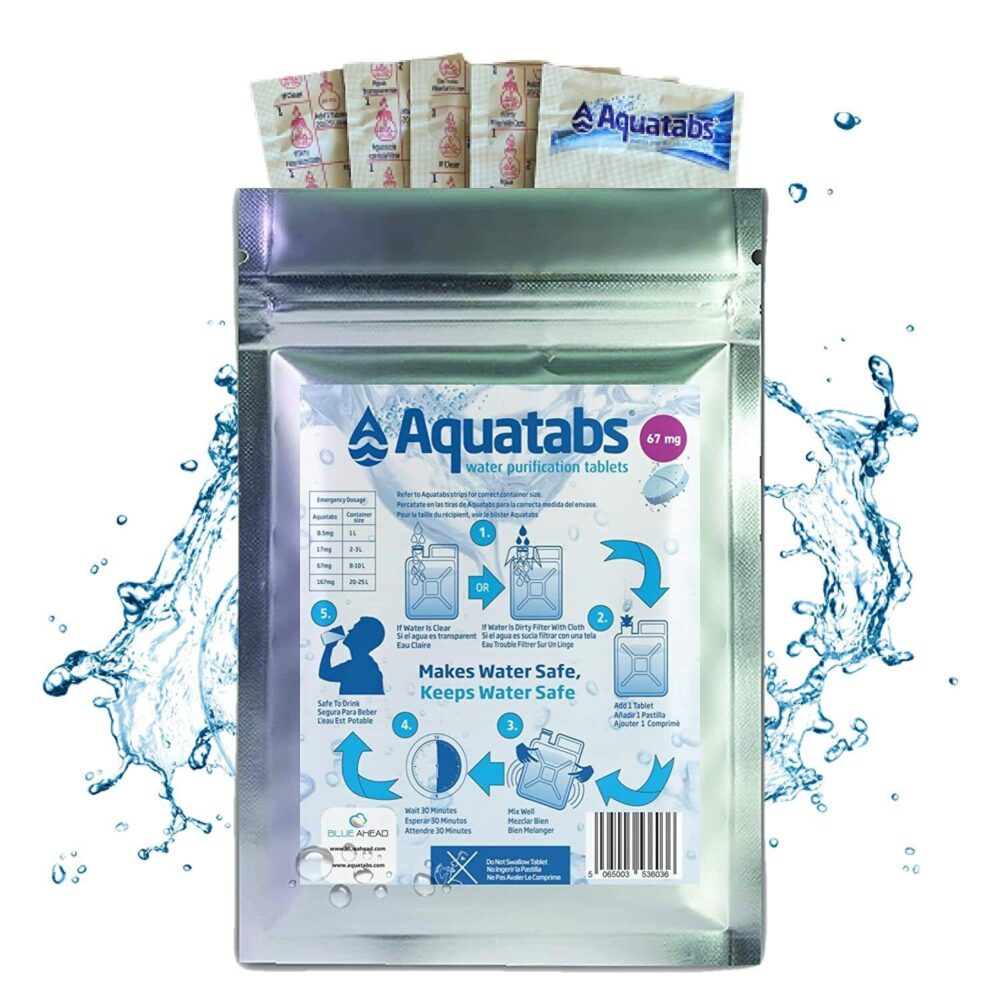 Aquatabs water purification tablets packaging with instructions.