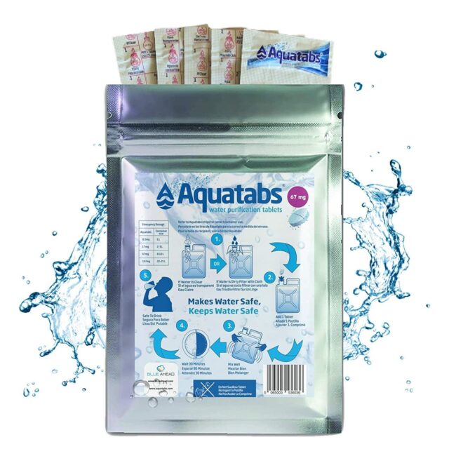 Aquatabs water purification tablets packaging with instructions.