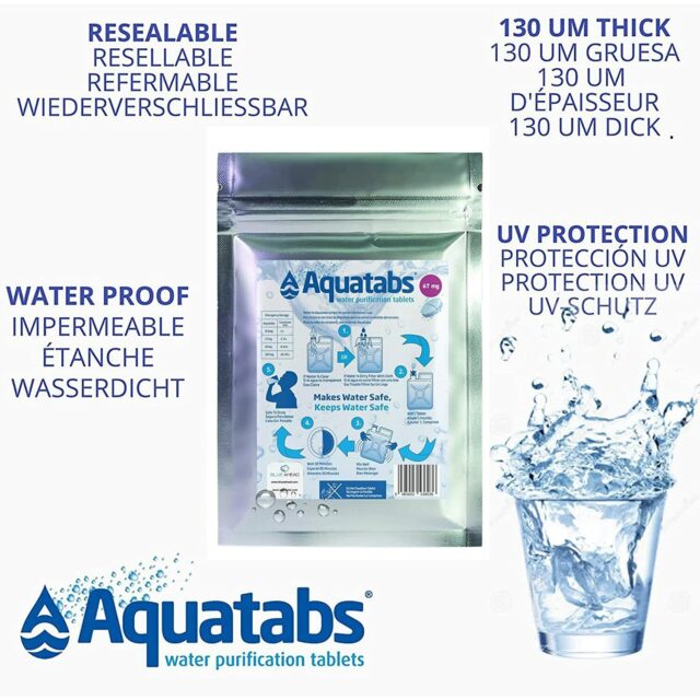 Aquatabs water purification tablets packaging with water splash