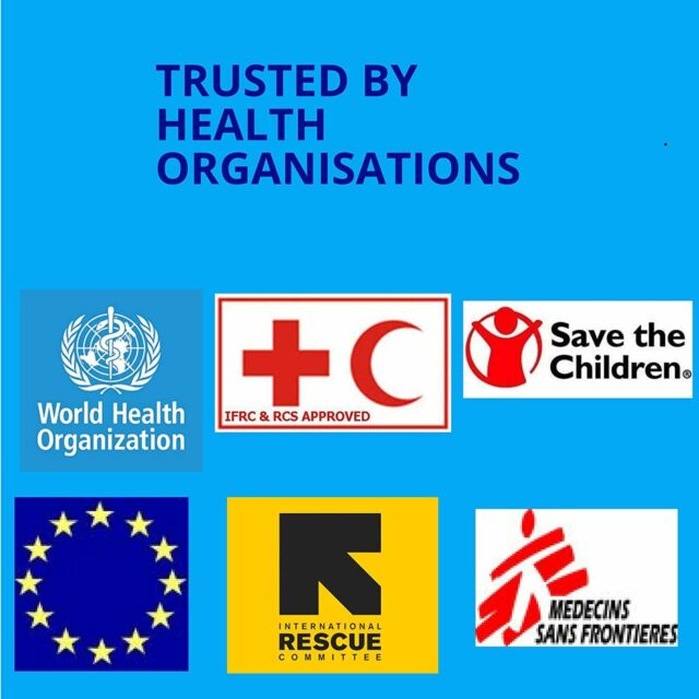 Logos of health organizations endorsing water purification tablets