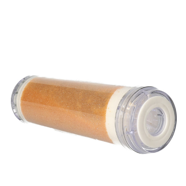 Refillable de-ionization resin cartridge with orange and white layers