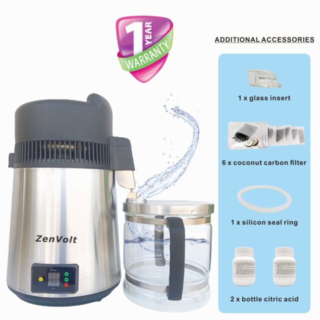 ZenVolt 304 stainless steel water distiller with glass container and accessories.