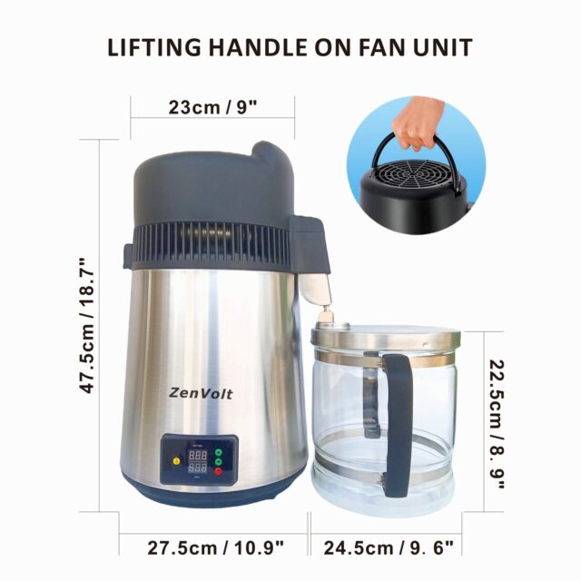 ZenVolt 304 stainless steel water distiller with glass container.