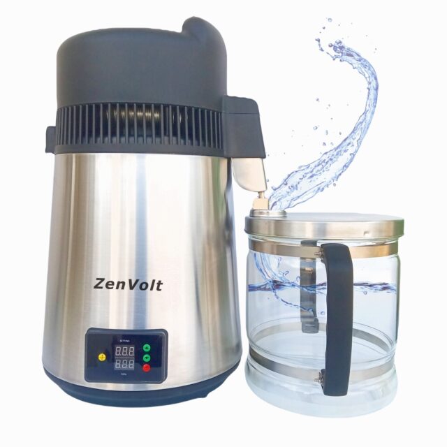 Stainless steel water distiller with glass collection container