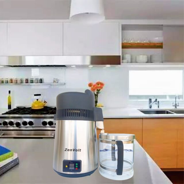 ZenVolt 304 Stainless Steel Water Distiller with glass container in a kitchen setting