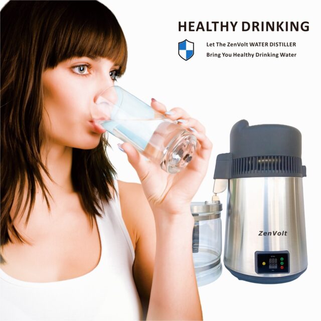 Woman drinking water next to ZenVolt stainless steel water distiller.
