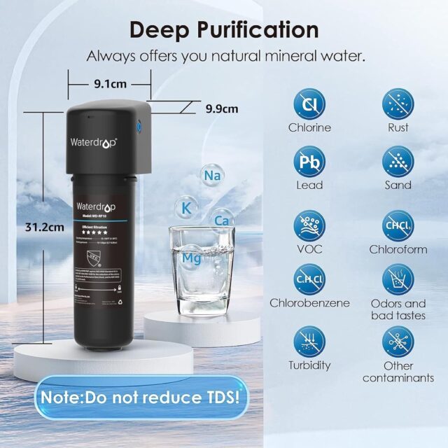 Waterdrop 10UA under sink filter system with a glass of purified water.