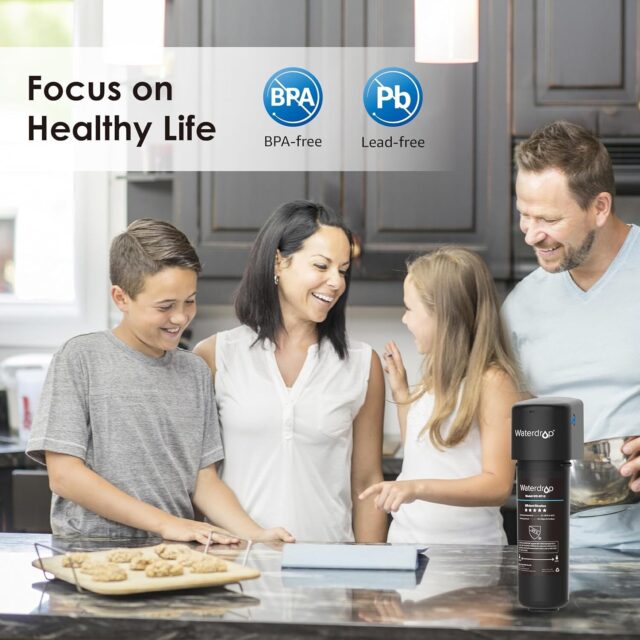 Family enjoying healthy water with Waterdrop filter system in kitchen.