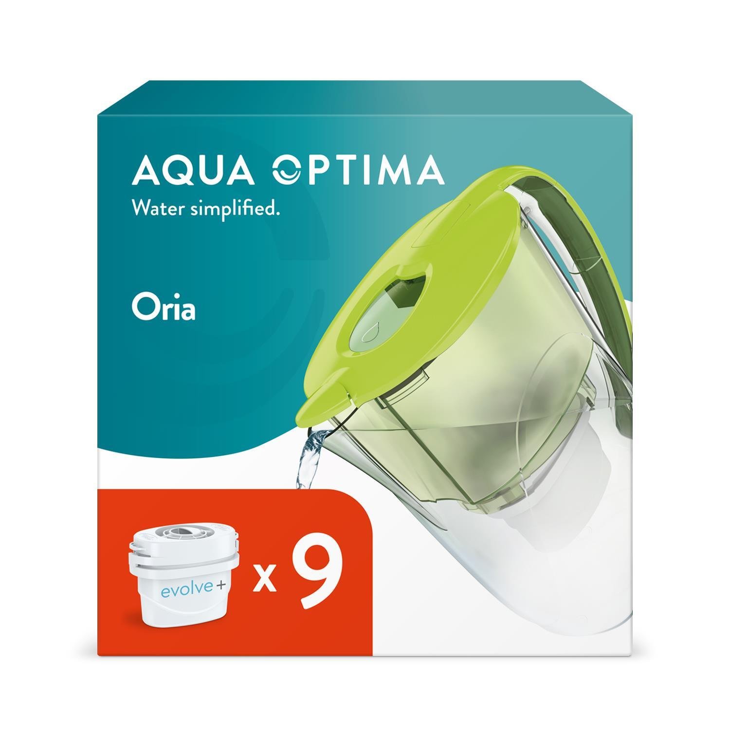 Premium Oria Green Water Filter Jug + 9 Aqua Optima Evolve+ Cartridges