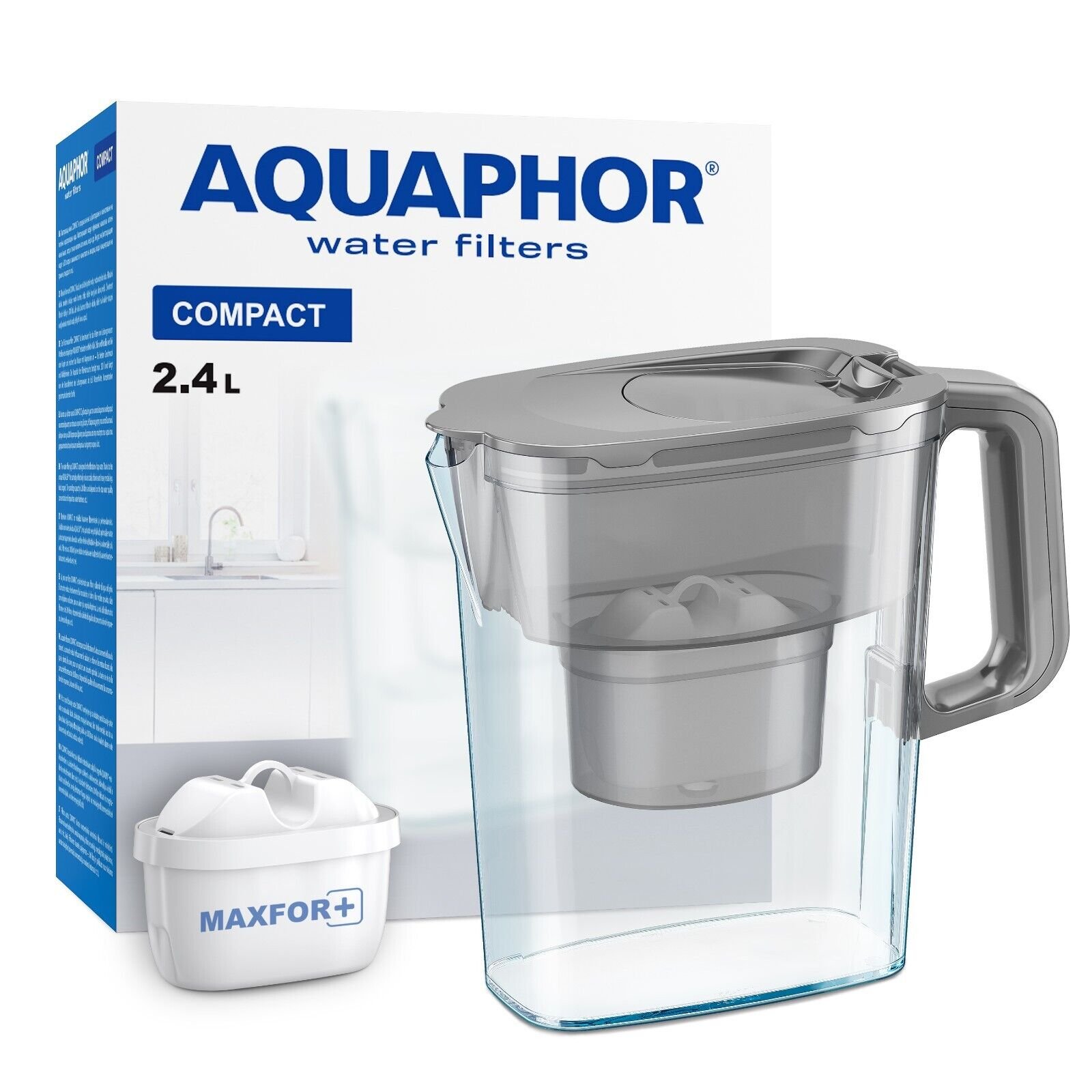 Premium AQUAPHOR Water Filter Jug Compact with 1 Maxfor+ Cartridge - Grey