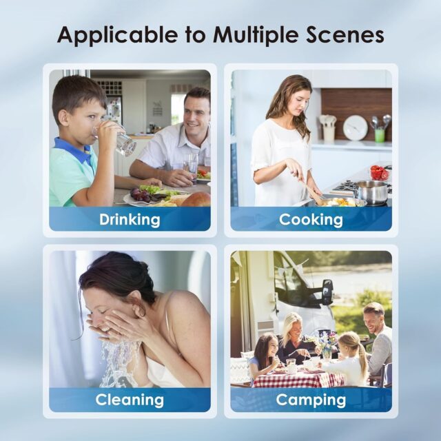 Collage showing uses of water filter: drinking, cooking, cleaning, camping.