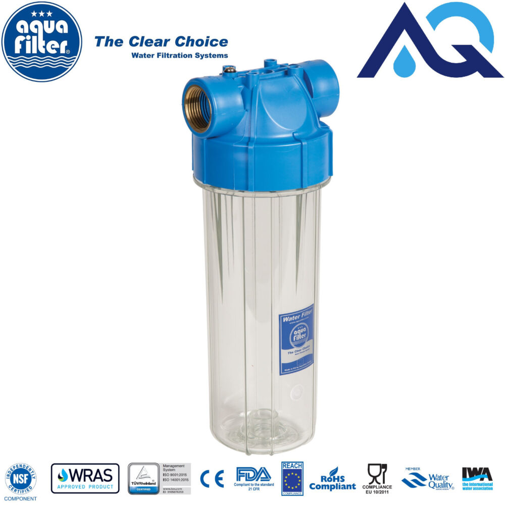 In-line water filter housing with blue top and clear body
