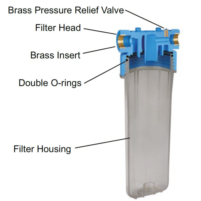 In-line water filter housing with pressure relief valve and brass components.