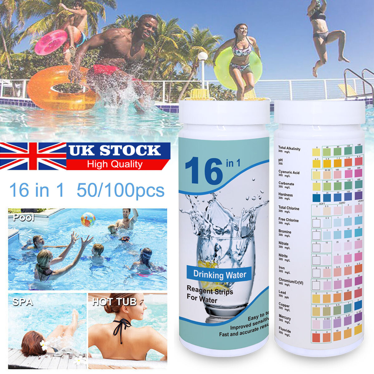 Premium 16-in-1 Water Test Strips Kit - 100 ct Home Tap Quality Tester