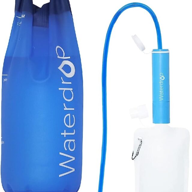 Waterdrop personal water filter straw and gravity bag for camping.