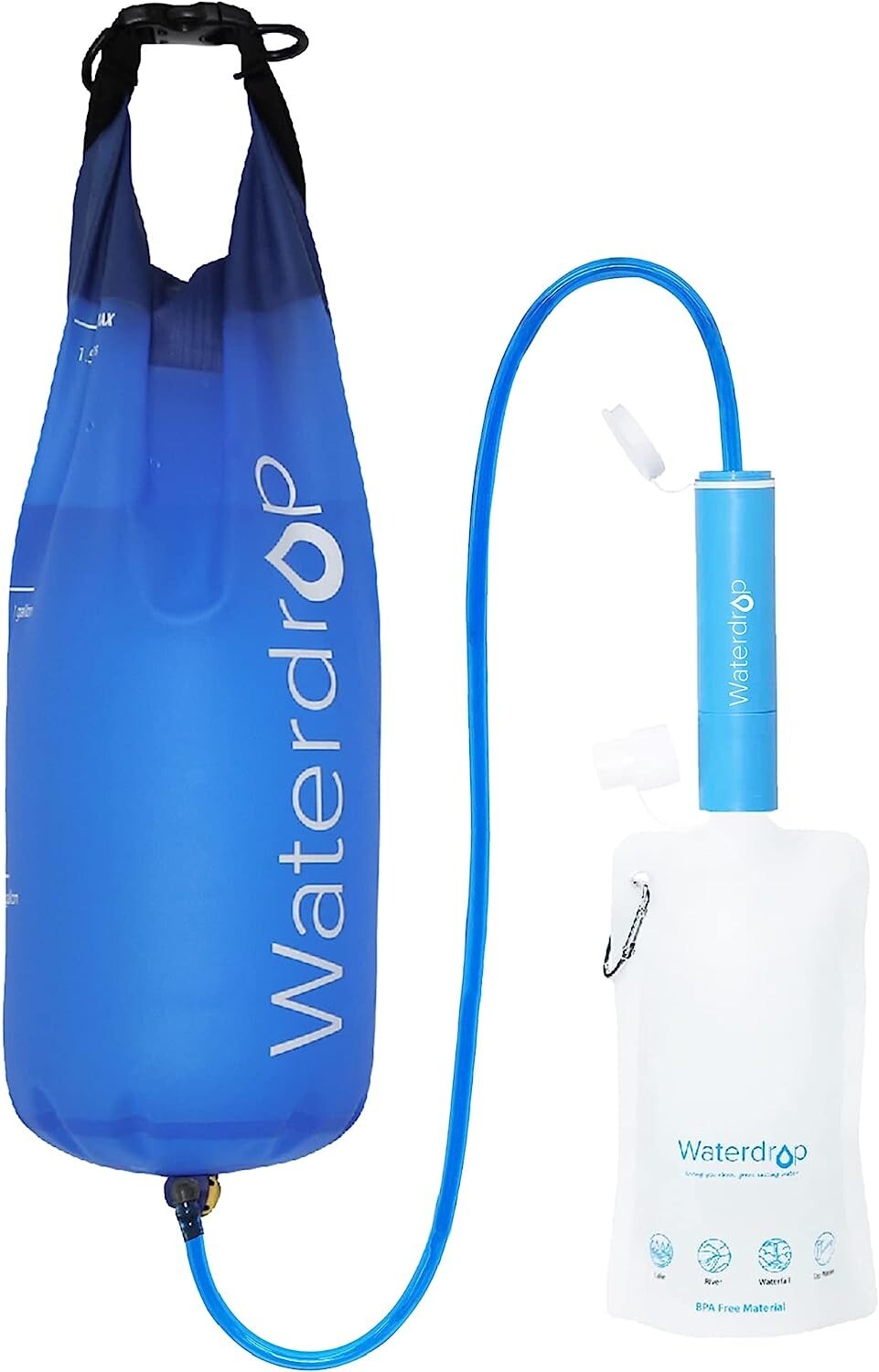 Waterdrop personal water filter straw and gravity bag for camping.