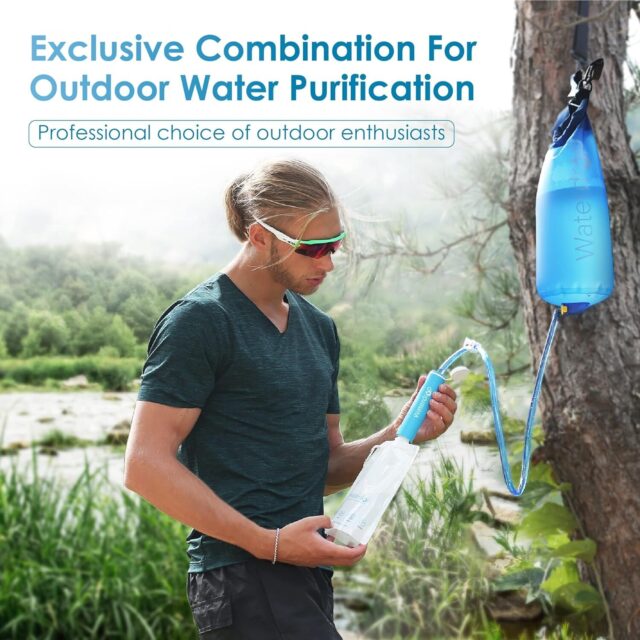 Man using a water filter straw with a gravity bag in nature.