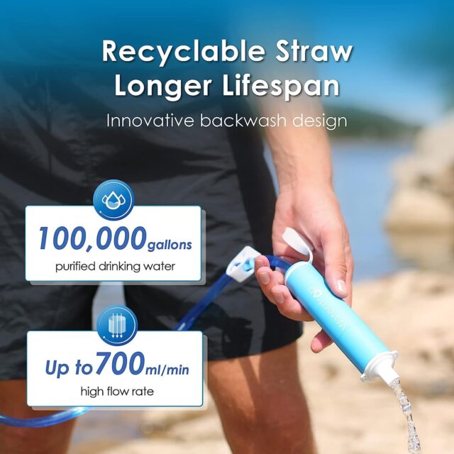 Water filter straw with high flow rate and longevity features.