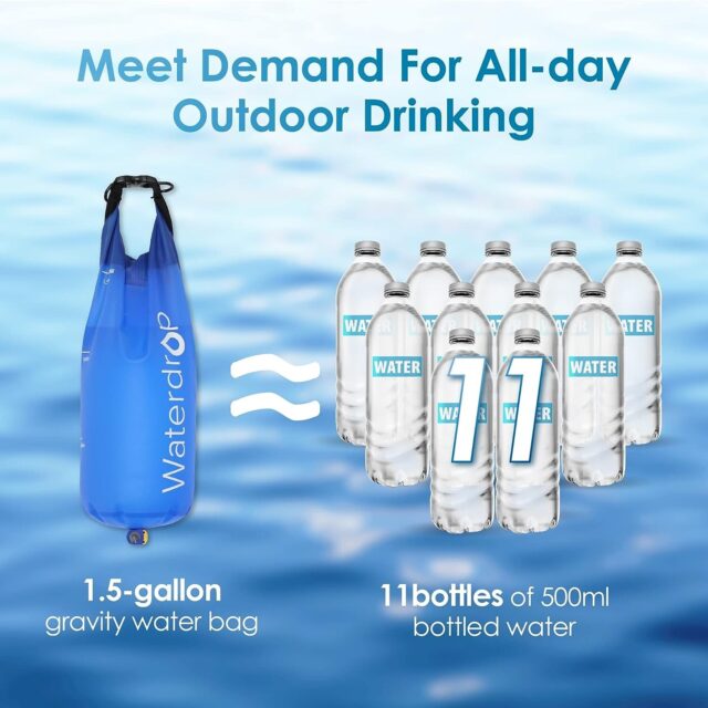 Waterdrop 1.5-gallon gravity water bag with bottled water comparison