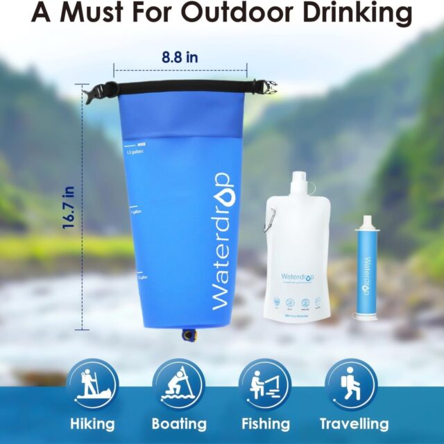 Waterdrop personal water filter straw and gravity bag for outdoor use.