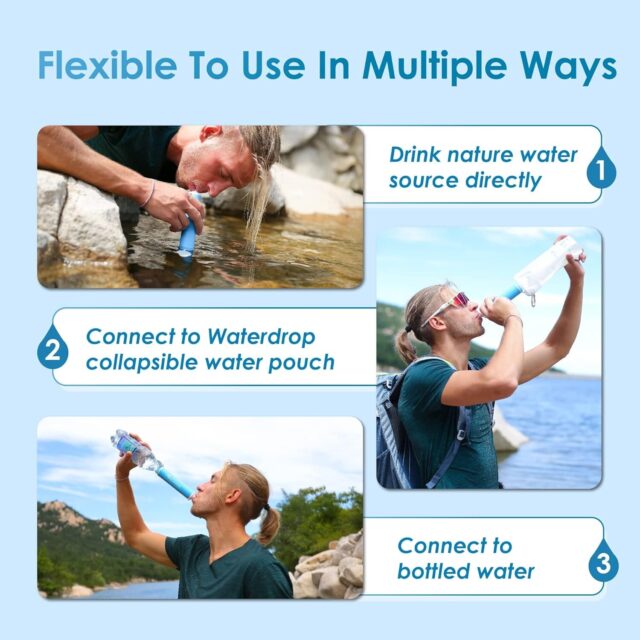 User demonstrating Waterdrop Personal Water Filter Straw in various scenarios.