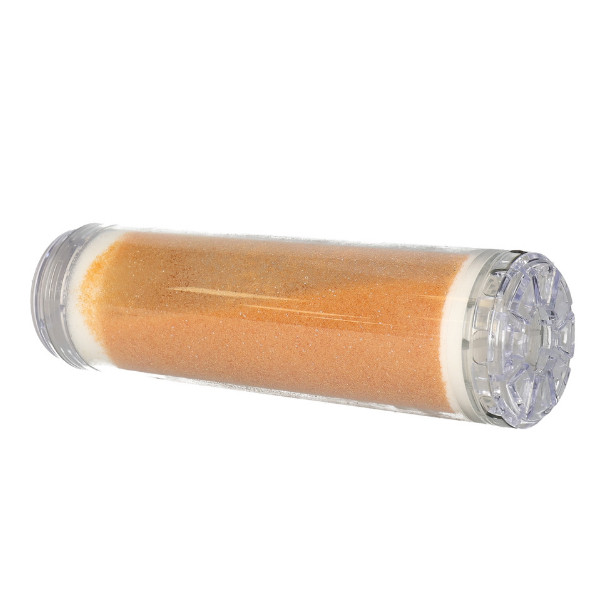Refillable de-ionization resin cartridge with orange and white layers.