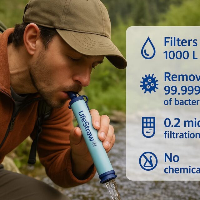Man using LIFESTRAW water filter by a stream