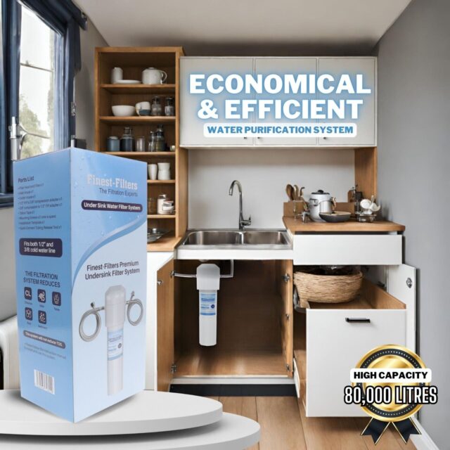 Undersink water filter system in a modern kitchen setting.