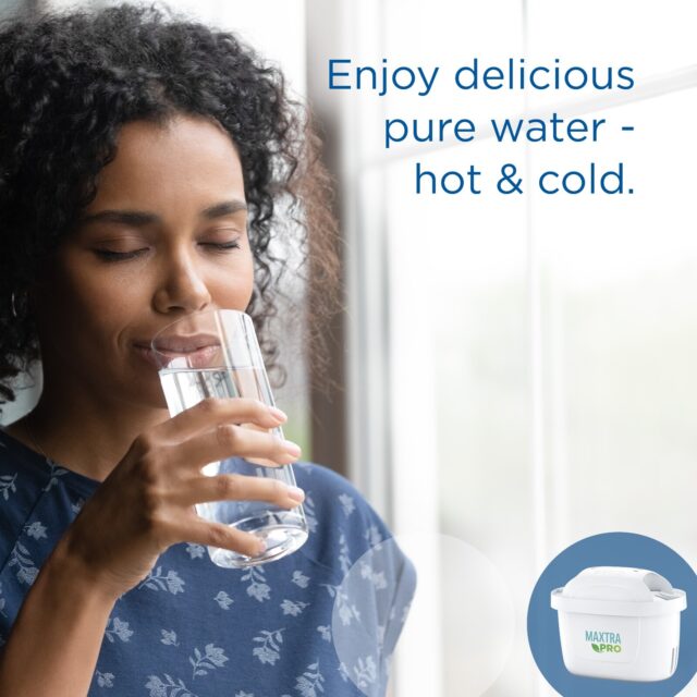 Woman enjoying a glass of water with BRITA Marella XL jug and MAXTRA PRO cartridge.