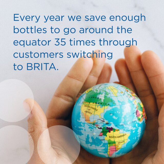 Hands holding a globe with a sustainability message about BRITA.