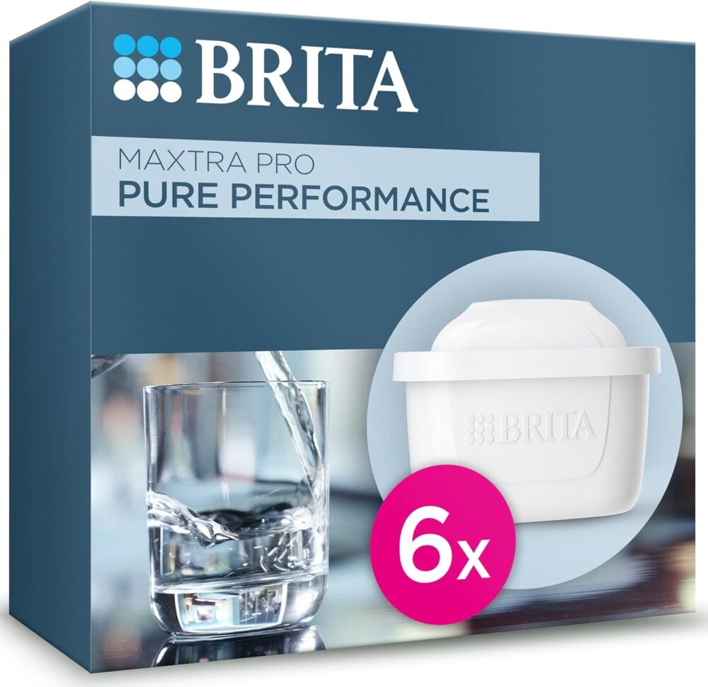 BRITA MAXTRA PRO water filter cartridge 6 pack with glass of water