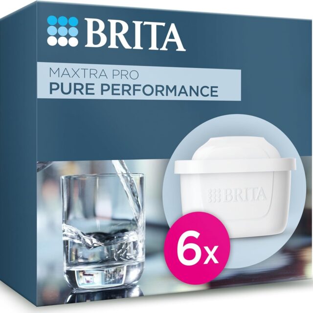 BRITA MAXTRA PRO water filter cartridge 6 pack with glass of water
