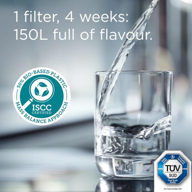 Water being poured into a glass with certification logos.