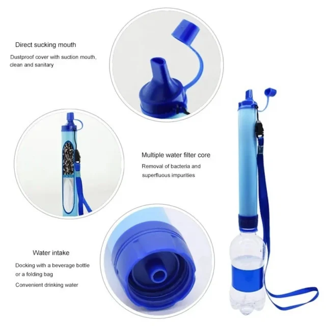 Portable water filter straw with multiple features for outdoor use.