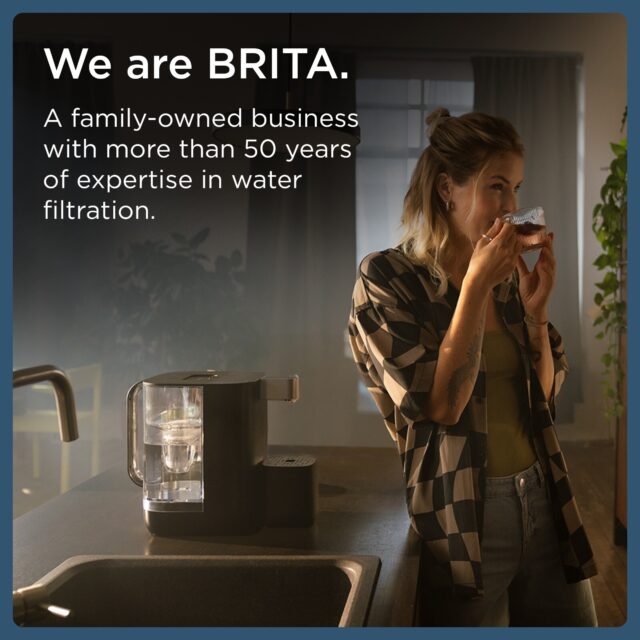 BRITA Cube Black 4L Hot Water Dispenser on a kitchen counter.
