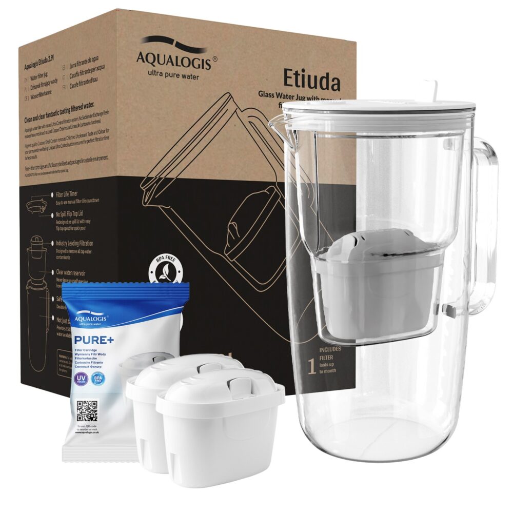 Aqualogis glass water filter jug with two filter cartridges
