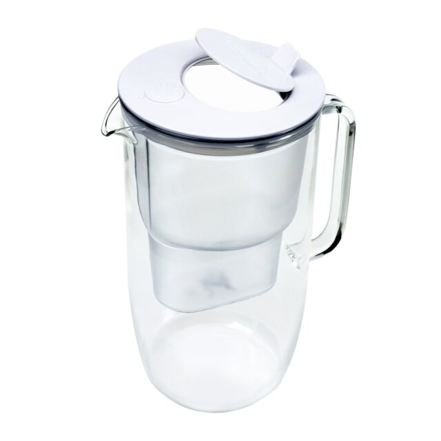 Aqualogis glass water filter jug with a white lid and filter.