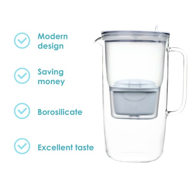Aqualogis glass water filter jug with checkmarks for features.