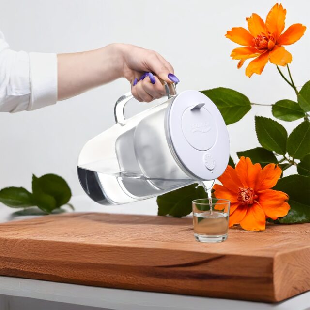 Aqualogis glass water filter jug pouring water into a glass
