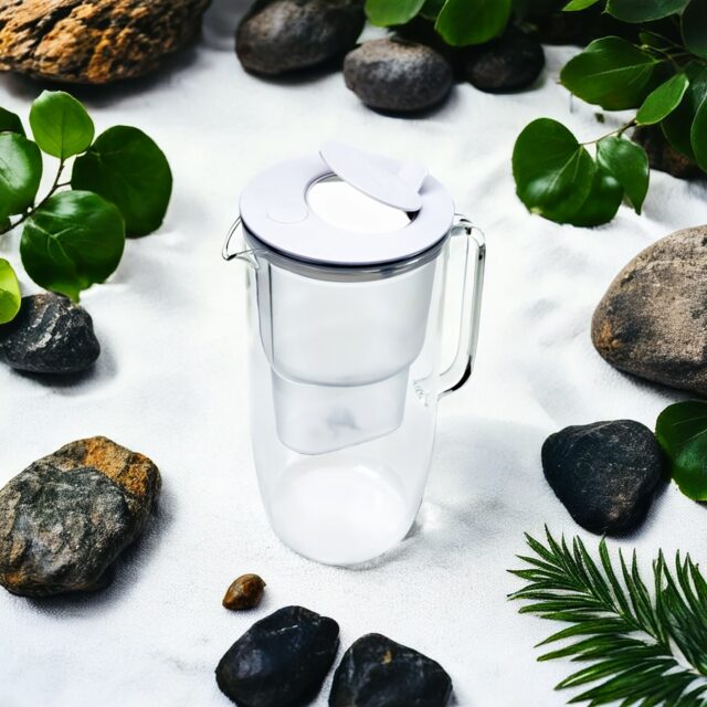 Aqualogis glass water filter jug surrounded by stones and leaves.
