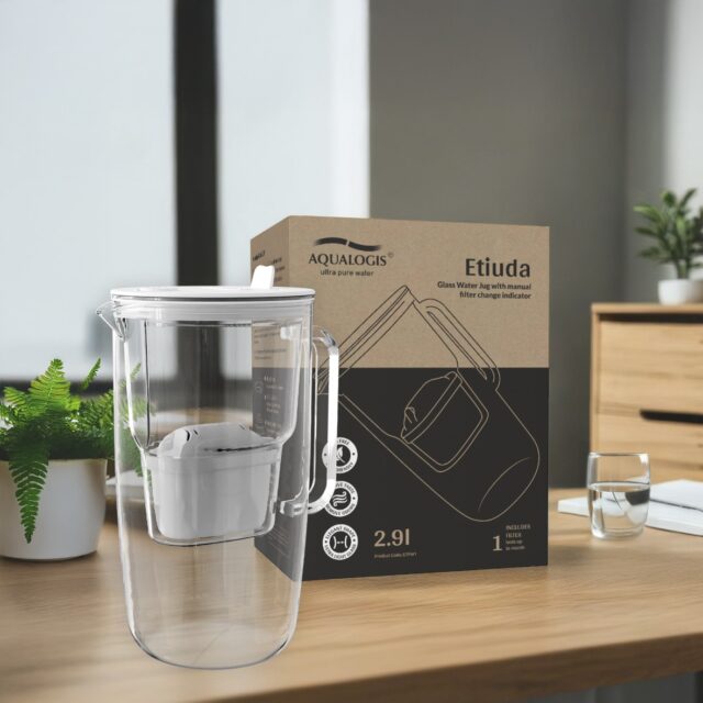 Aqualogis glass water filter jug with box on a table