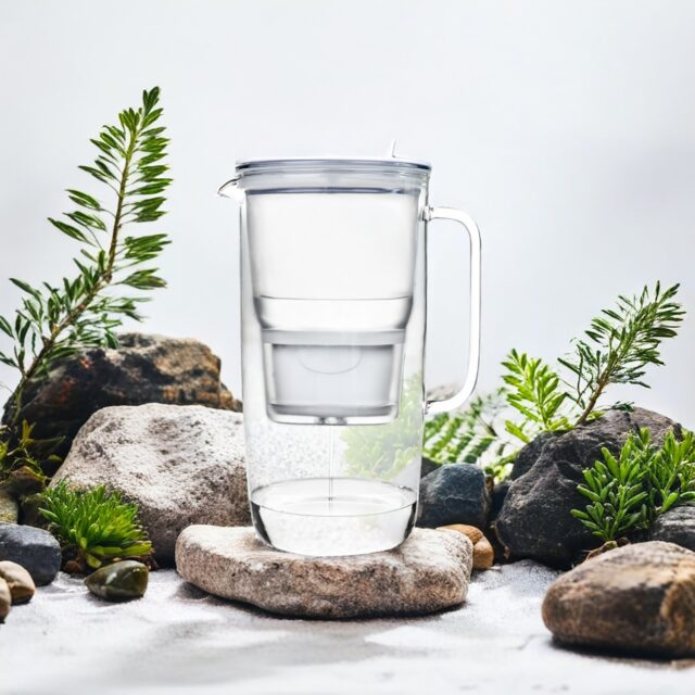 Clear glass water filter jug on stones with greenery