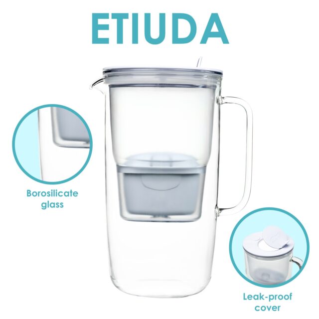 Aqualogis glass water filter jug with a leak-proof cover and borosilicate glass design.