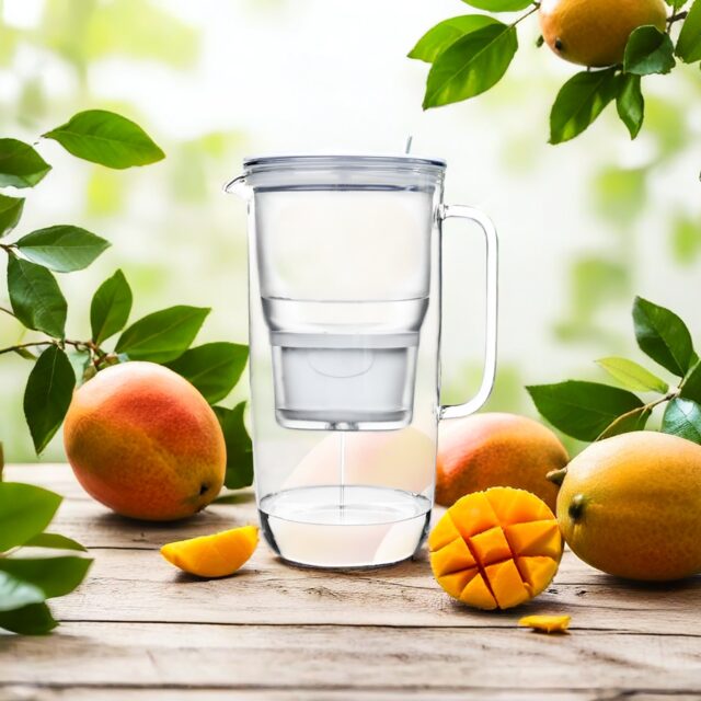 Aqualogis glass water filter jug on a wooden table with mangoes