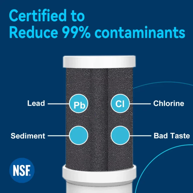 Close-up of ALTHY faucet water filter showing contaminants it reduces.