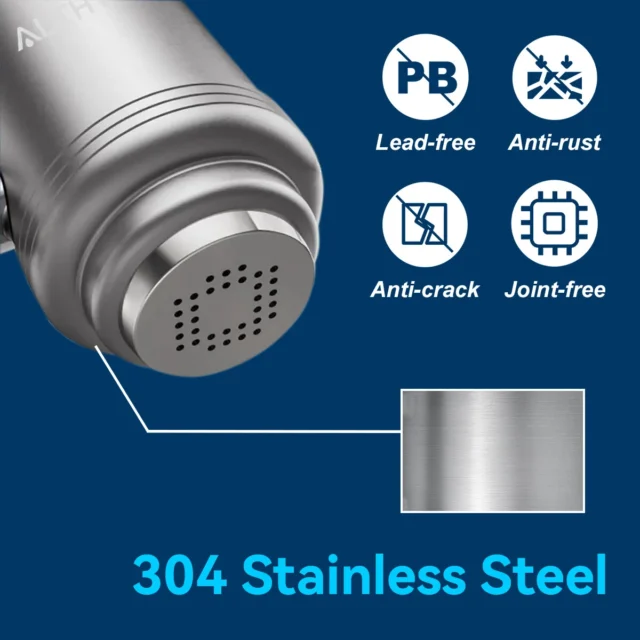 Close-up of ALTHY stainless steel faucet water filter system
