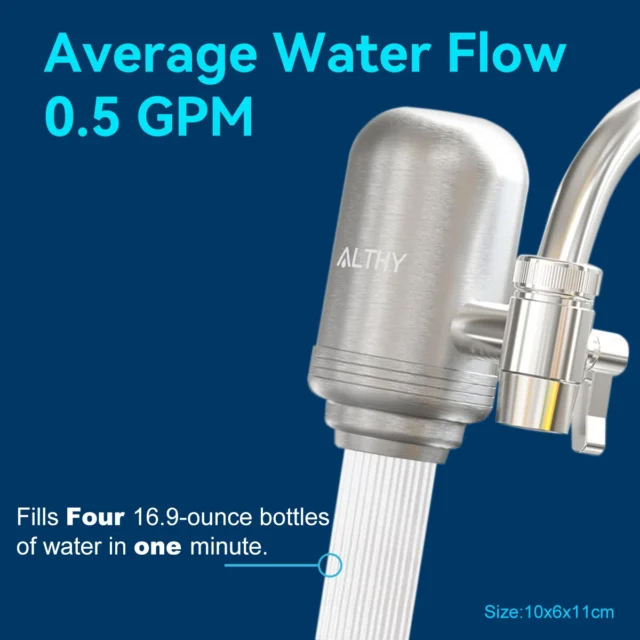 Stainless faucet water filter with flow rate details